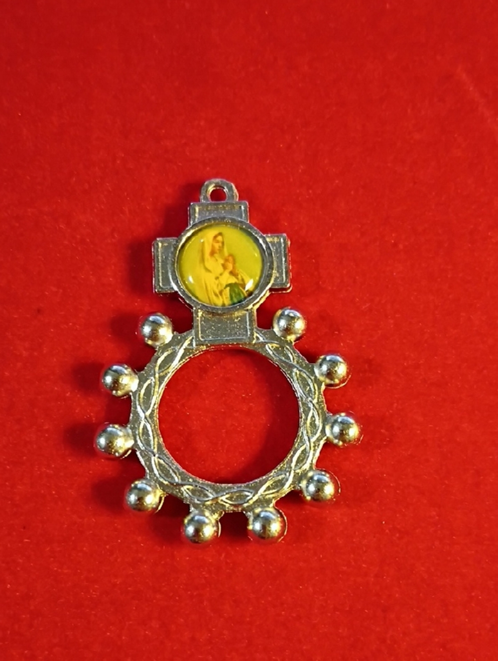 Silver Religious Medal Pendant with Yellow Enamel Image